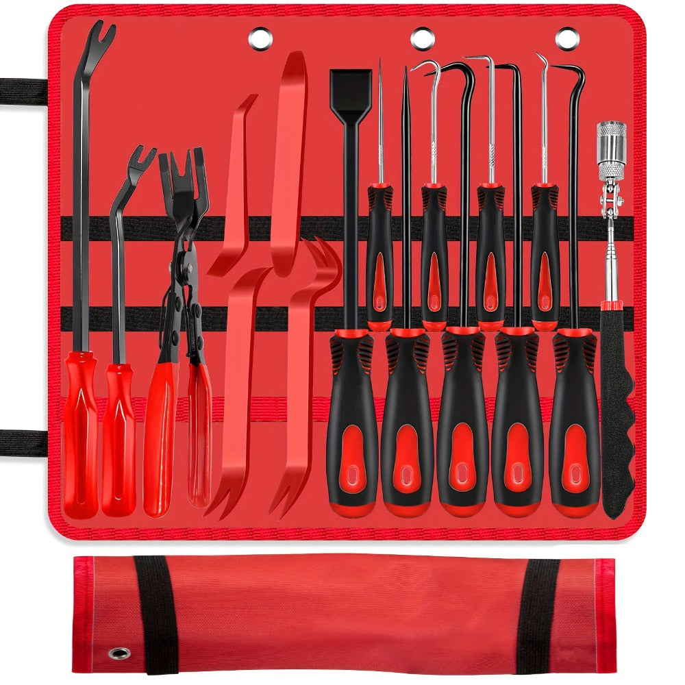 Automotive Trim Removal Tool Kit 17pcs - Hook Paddle Pry Set with Fastener Clamps Rivet Pullers Magnetic Picker Gasket Scraper Scratch-Free Car Maintenance Tools