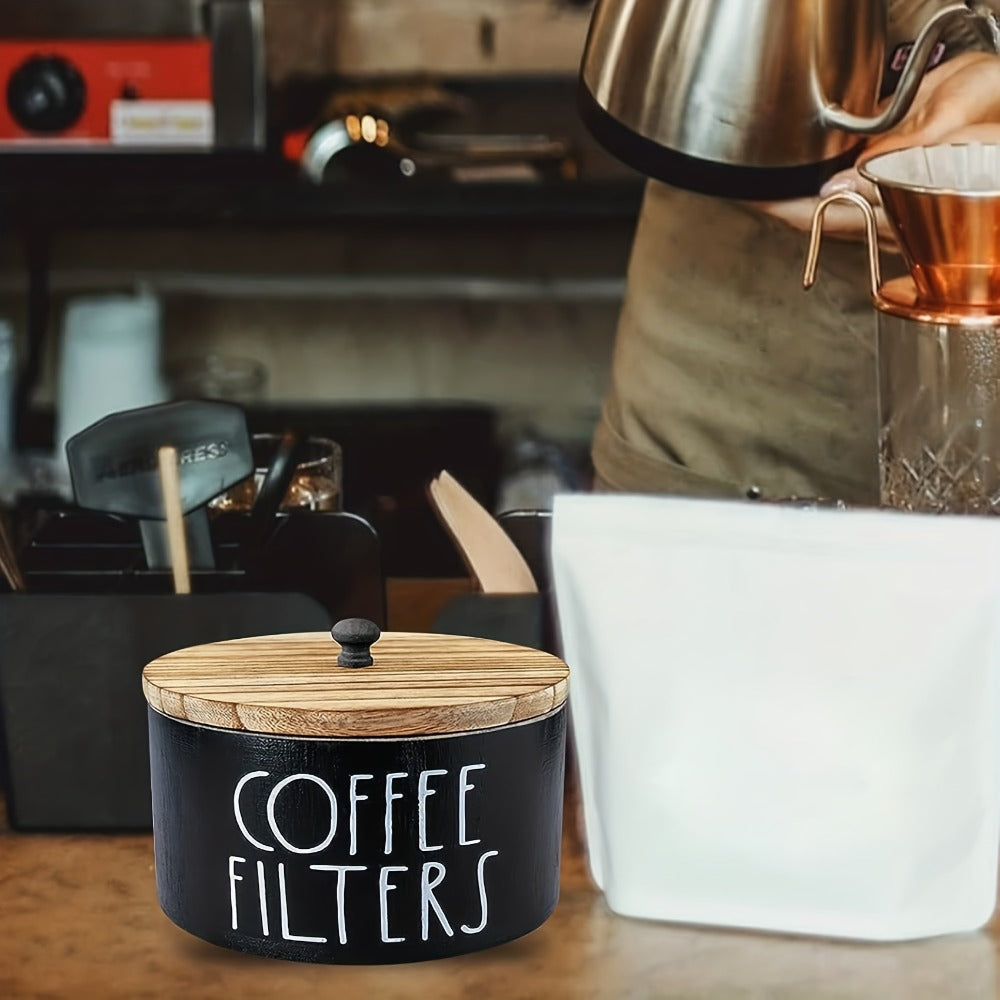 Wooden Coffee Filter Holder with Lid | Rustic Farmhouse Coffee Filter Storage Container | Solid Wood Coffee Bar Organizer for Countertop | Vintage Style Decorative Coffee Accessory Box Black & White