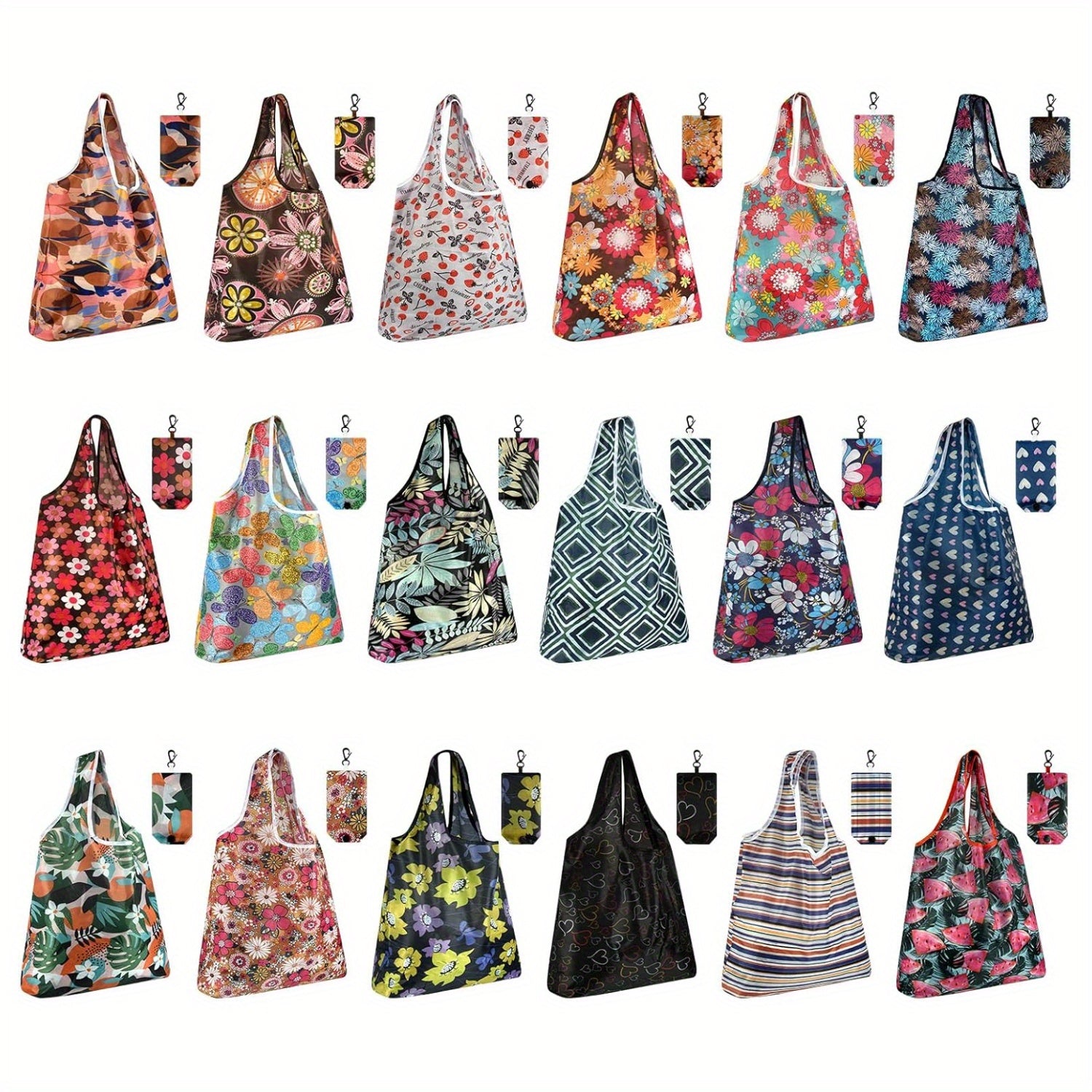 Reusable Grocery Bags Foldable Nylon Tote Bags Waterproof Washable Eco-Friendly Shopping Bag Set with Cute Floral Stripe Polka Dot Leopard Print 18/36pcs