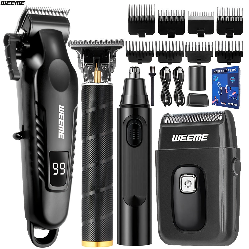 Men's Grooming Kit 4-Piece Set ¨C USB Rechargeable Hair Clipper, Nose Trimmer, Electric Shaver & T9 Detailer with 8 Guide Combs, Professional Cordless Beard Trimmer Set for Men