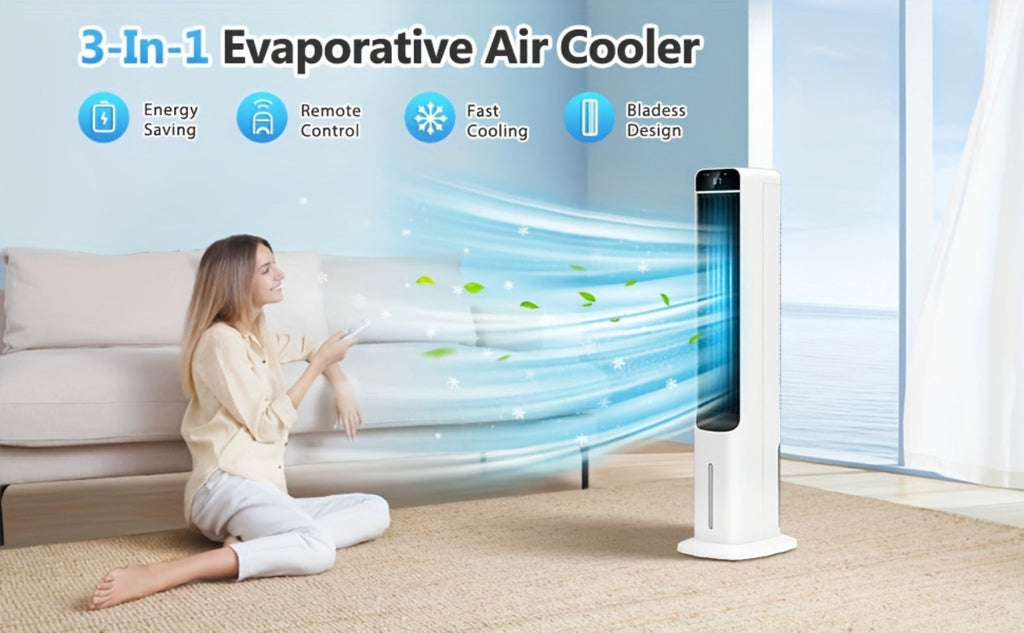 Evaporative Air Cooler Portable 1.32 Gal, 3-in-1 Swamp Cooler Fan Humidifier with Ice Cooling, 4 Ice Packs, 70¡ã Oscillation & Low Noise, Bladeless Tower Fan Air Conditioner for Bedroom Kitchen Office