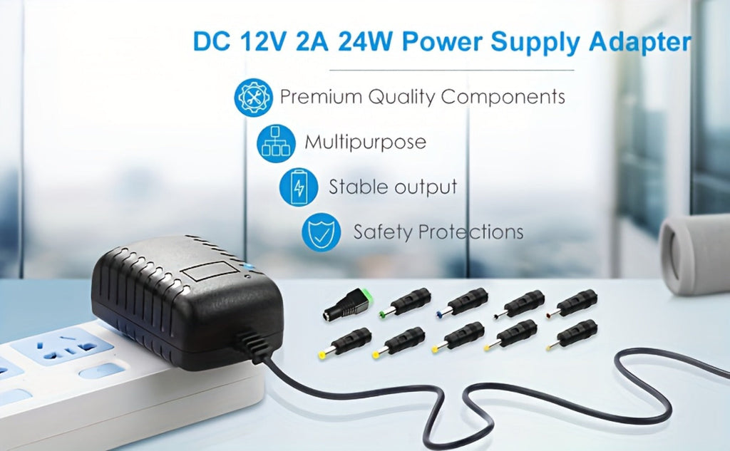 12V 2A AC DC Power Supply Adapter 11-in-1 with 10 Tips 100-240V 50-60Hz Universal DC Transformer for LED Light CCTV Camera Router BT Speaker GPS Webcam 4.9ft Cord