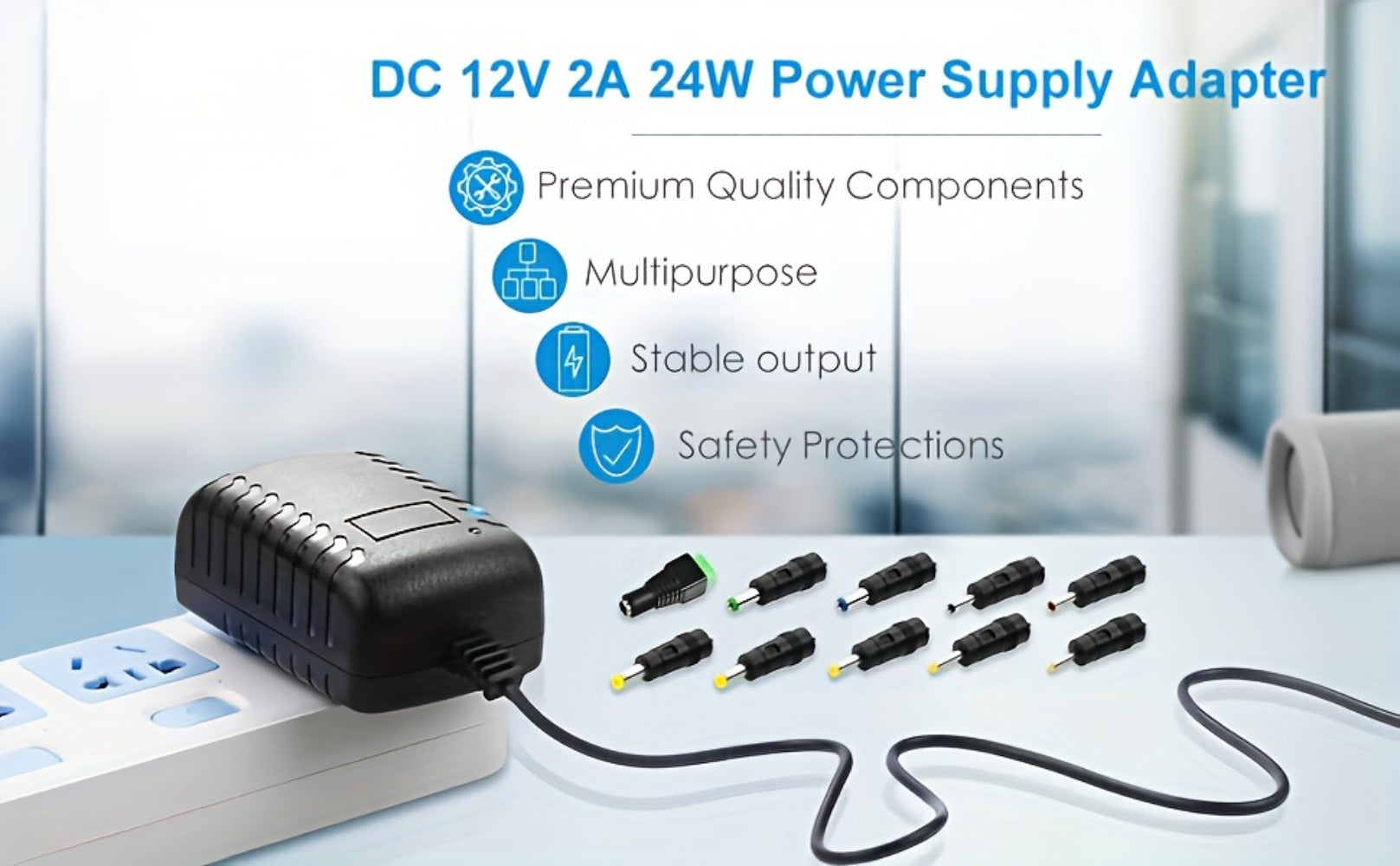 12V 2A AC DC Power Supply Adapter 11-in-1 with 10 Tips 100-240V 50-60Hz Universal DC Transformer for LED Light CCTV Camera Router BT Speaker GPS Webcam 4.9ft Cord