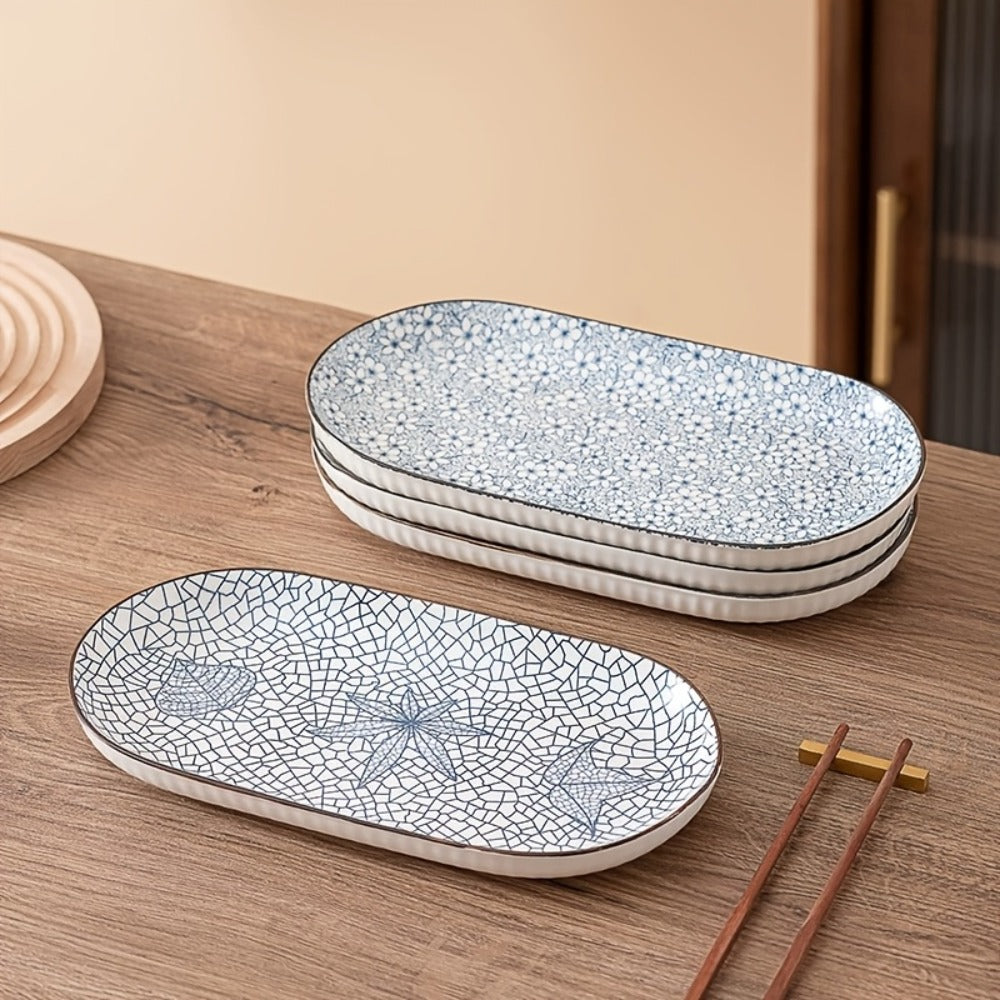 Japanese Blue White Porcelain Fish Plates Set of 4 ¨C 12 Inch Ceramic Serving Plates, Microwave & Oven Safe Steaming Baking Tableware