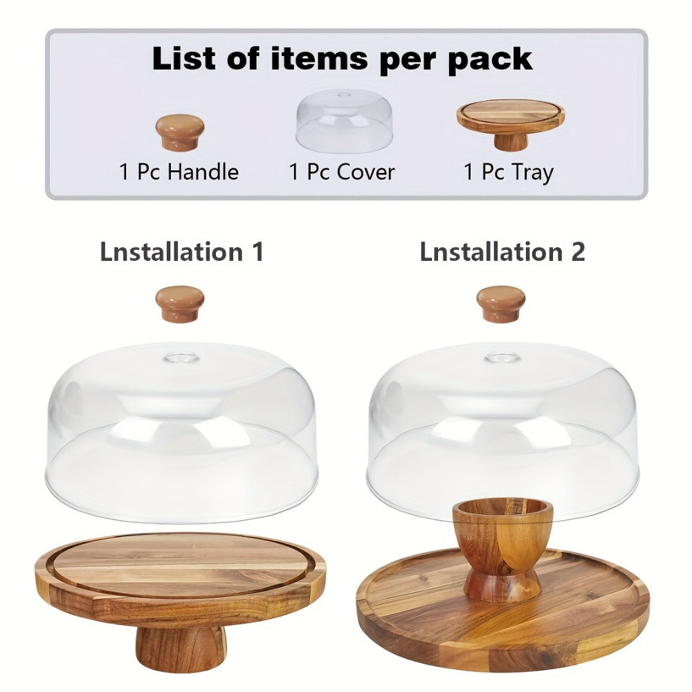 Cake Stand with Acrylic Dome Lid ¨C Acacia Wood Serving Platter 2-in-1 Round Shatterproof Dessert Display Tray for Cheese Charcuterie Fruit Veggie Chips Party Table Centerpiece Holiday Gift