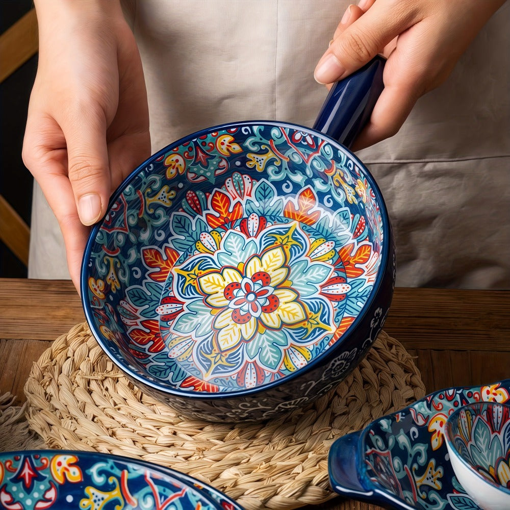 Ceramic Salad Bowl Set of 4 Bohemian Style 8.7 Inch with Handles Microwave and Oven Safe Colorful Serving Bowls for Home Baking Table Serving Gift