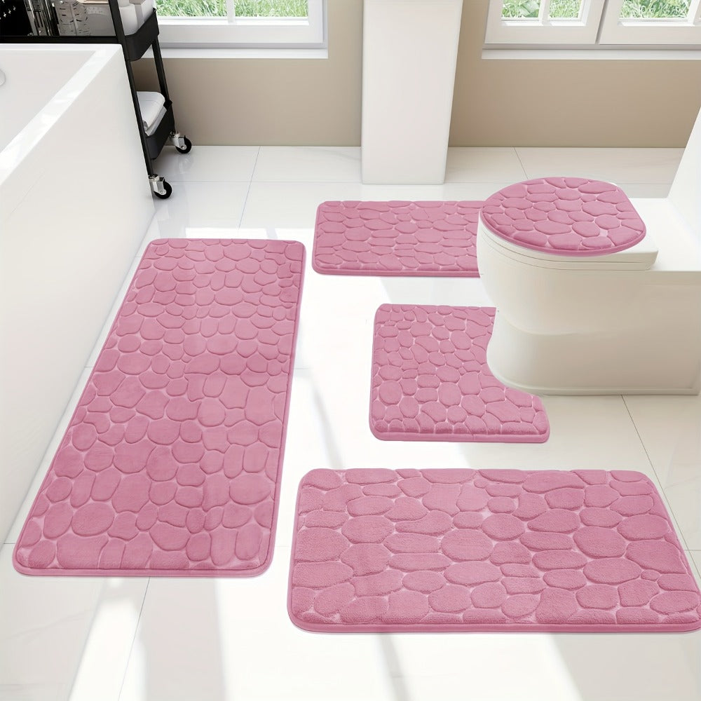 Memory Foam Bathroom Rug Set 5pcs - Non-Slip Absorbent Bath Mat Set for Sink Bathtub Shower Toilet, Machine Washable, Soft Plush Floor Mats
