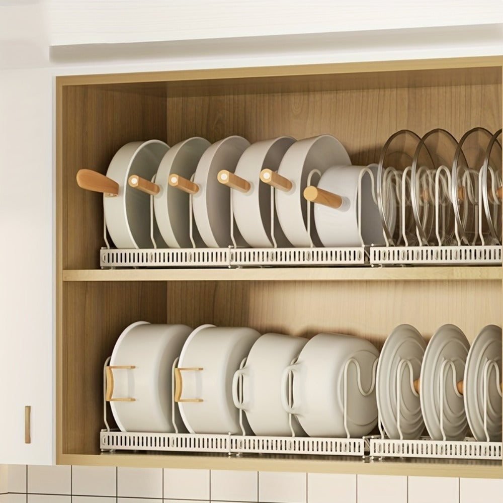 13-Shelf Metal Kitchen Storage Rack Organizer ¨C Extendable Cookware & Utensil Shelf for Cabinet, Countertop, Sink ¨C Freestanding Kitchen Cabinet Organizer with Golden Tube Design