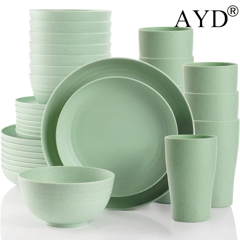 Wheat Straw Dinnerware Set 16 or 32 Piece ¨C Plates & Bowls for 4 or 8 People, Microwave & Dishwasher Safe Plastic Dish Set, Lightweight Colorful Tableware for Home, Party & Holiday