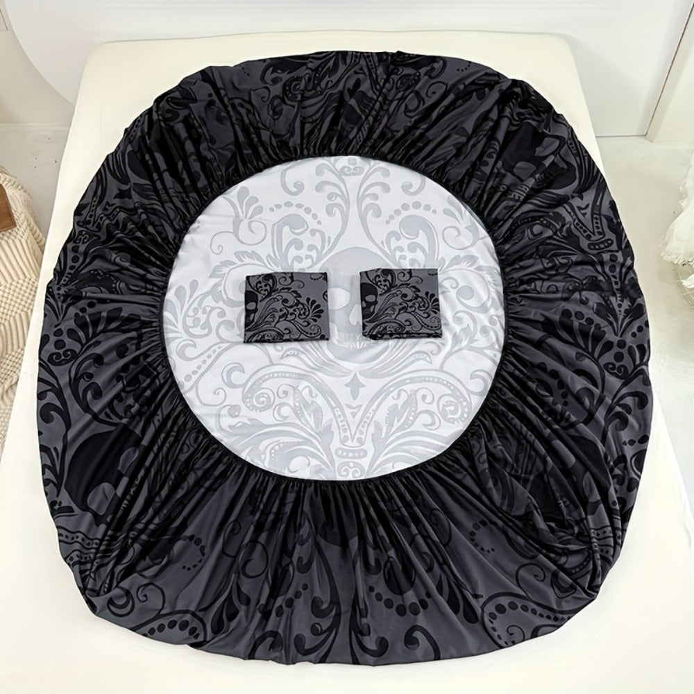 Gothic Skull Fitted Sheet Set 3-Piece ¨C Victorian Baroque Halloween Bedding | 1 Deep Pocket Fitted Sheet + 2 Pillowcases | Machine Washable Hypoallergenic Polyester | Twin Full Queen King