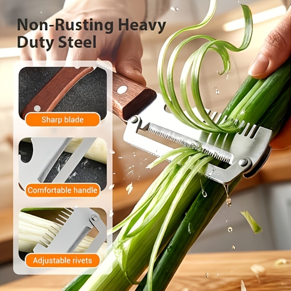 Stainless Steel Vegetable Peeler Set 2pcs ¨C Multi-functional Kitchen Peeler with Scallion Cutter, Straight Blade, Wooden Handle & Bottle Opener