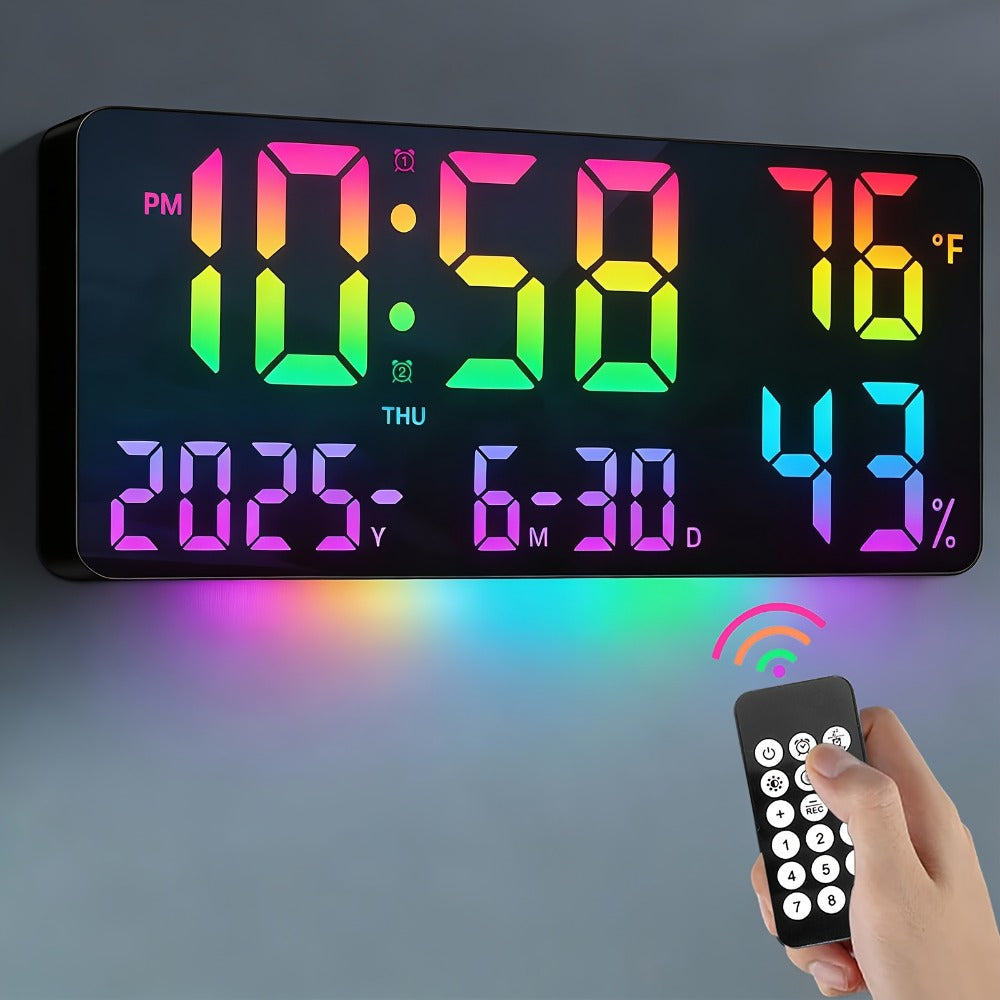 Digital Wall Clock 14.6 Inch Large LED Display with Remote Control - 12 RGB Color Modes, Dual Alarm, Night Light, Temperature, Humidity & Date | Smart Home Decor for Living Room, Bedroom & Elderly