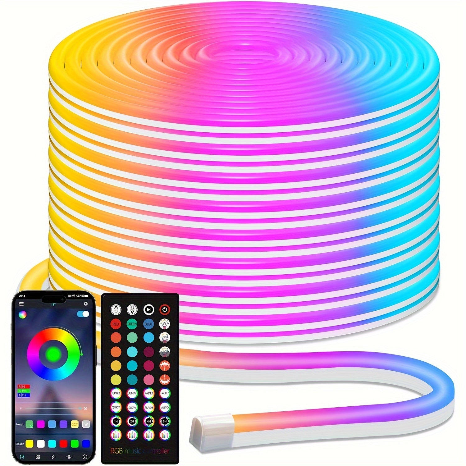 RGB LED Rope Lights with App & Remote Control, IP65 Waterproof Flexible Neon Strip, Music Sync, Multiple Modes, for Gaming Setup, Bedroom, Living Room, Indoor & Outdoor Decoration ¨C 10m & 20m Available