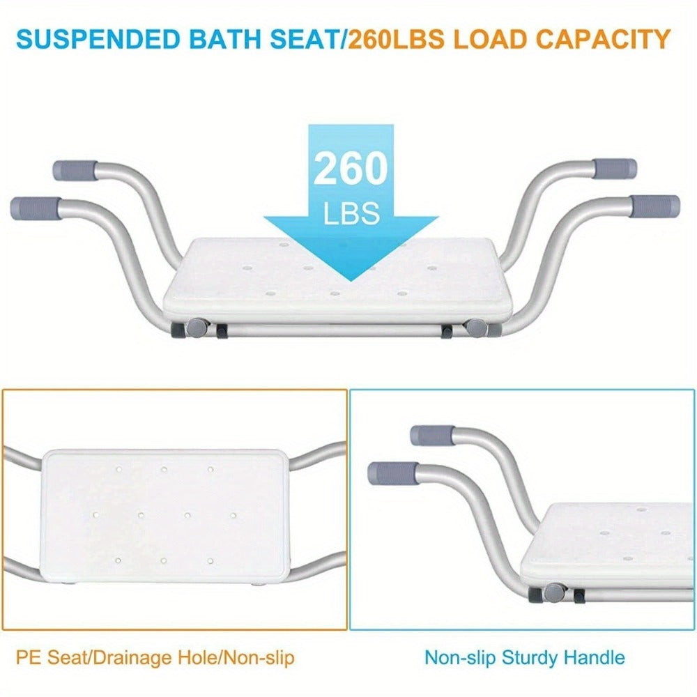 Bath Seat Adjustable Aluminum Shower Chair ¨C Suspended Bathtub Stool with Anti-Slip Handles, 300 lbs Capacity | Lightweight Retractable Bath Board for Elderly, Disabled & Injured, 3 Length Settings