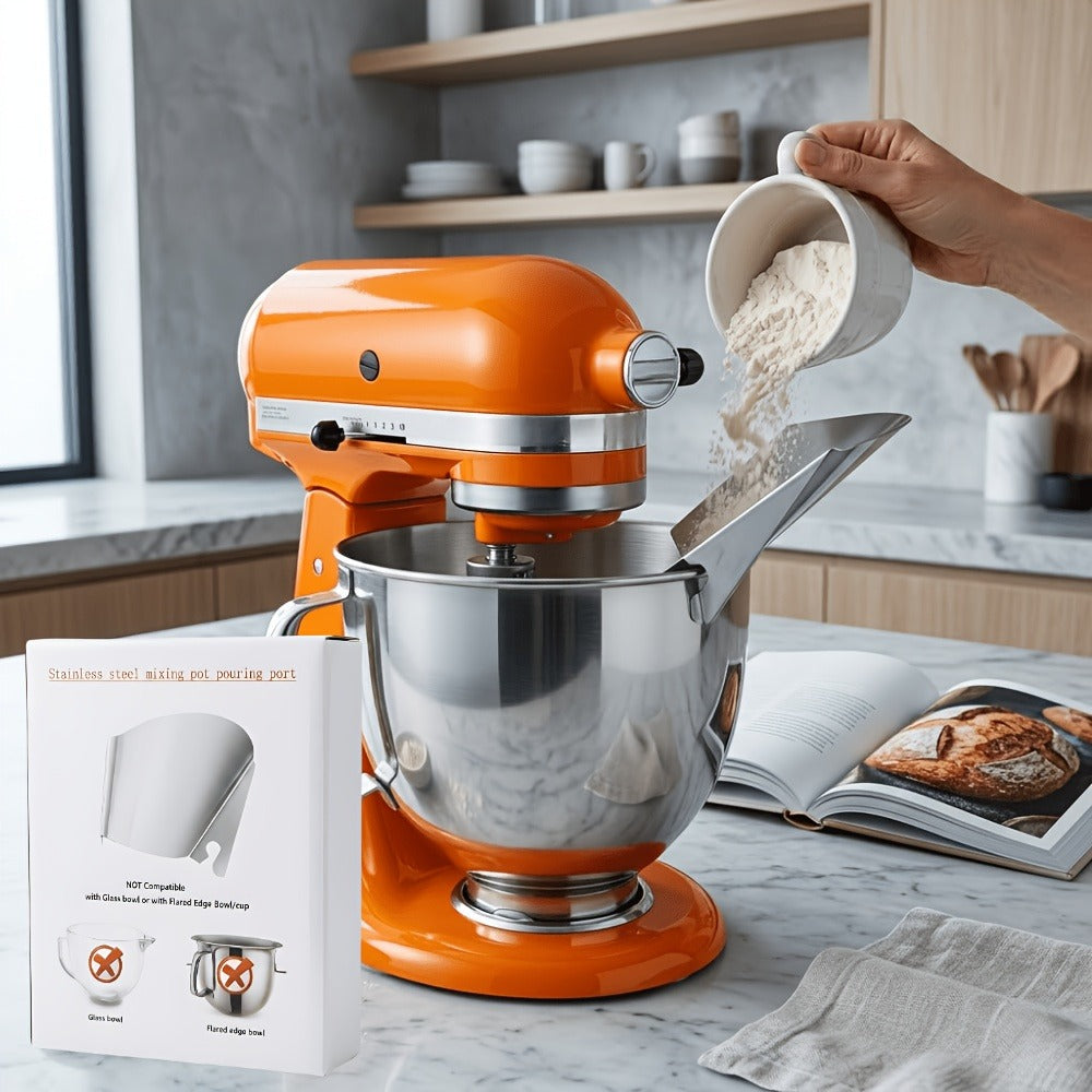 KitchenAid Pouring Chute Stainless Steel Stand Mixer Attachment - Universal Funnel Shield for Tilt-Head & Bowl-Lift 4.5-8 Qt, Anti-Splash Flour Dust Guard, Dishwasher Safe, Gift Box Included