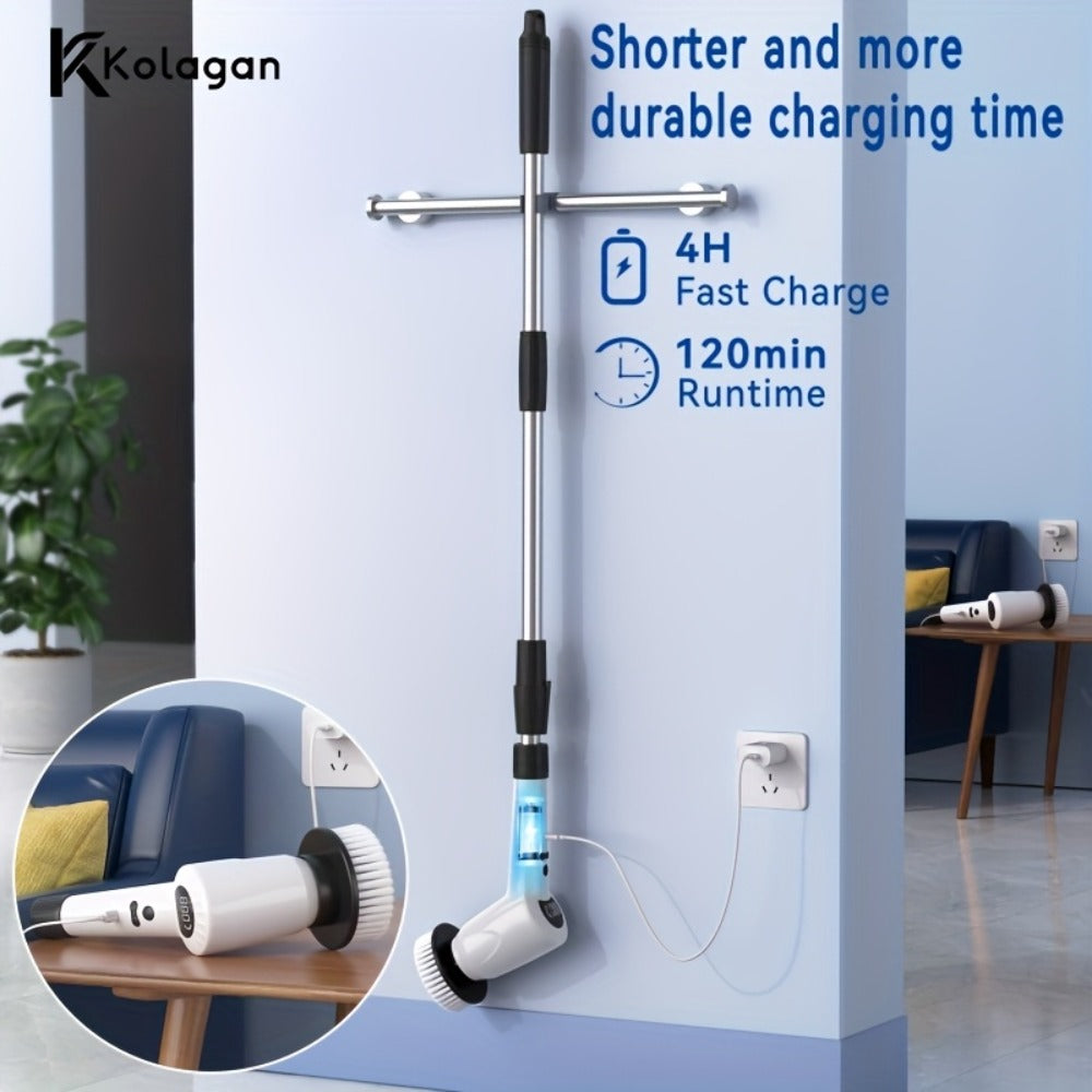 Electric Spin Scrubber 7-in-1 Cordless Rotary Cleaning Brush 7 Interchangeable Heads 3 Speed Settings Adjustable Extension Arm Power Display for Bathroom Shower Tile Grout Kitchen