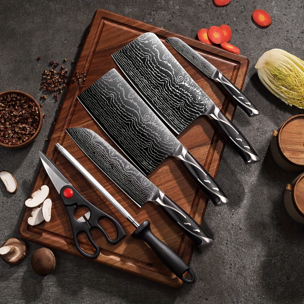 Kitchen Knife Set 7-Piece Damascus Pattern Stainless Steel with Universal Knife Block Holder ¨C Chef Knife, Fruit Knife & Safety Knives Included, Non-Slip Handle