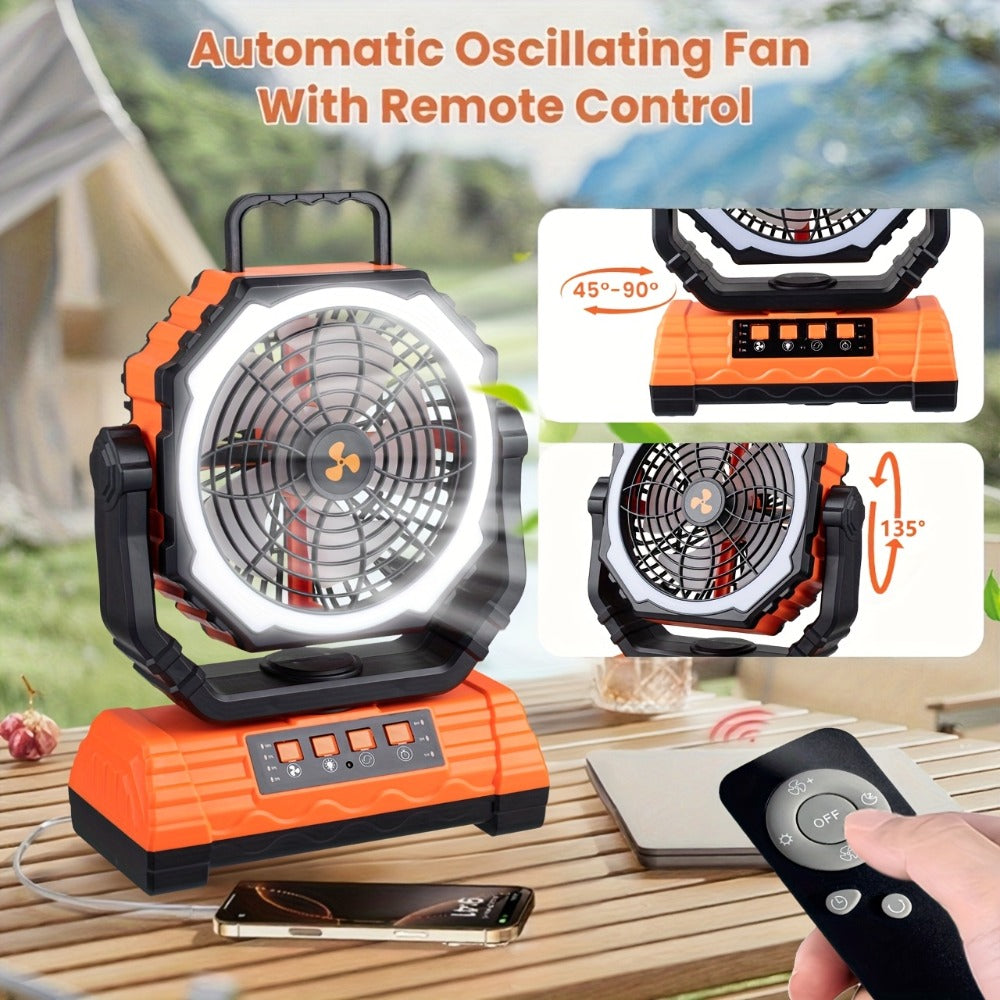 Portable Camping Fan with Dual Motors LED Light & Remote Control, Solar Powered Outdoor Fan with Hook for Tent Work Site Power Outage, Camping Accessories