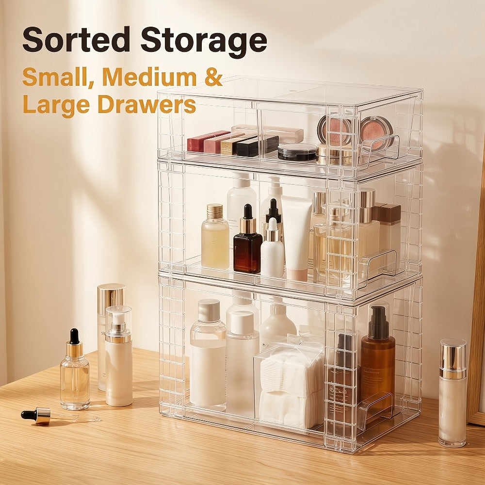 Clear Stackable Storage Bins with Lids & Handles 3 or 4-Piece Set | Plastic Organizer Drawers for Under Sink Pantry Cabinet Closet | Kitchen & Bathroom Storage for Cosmetics Cleaning Supplies Food