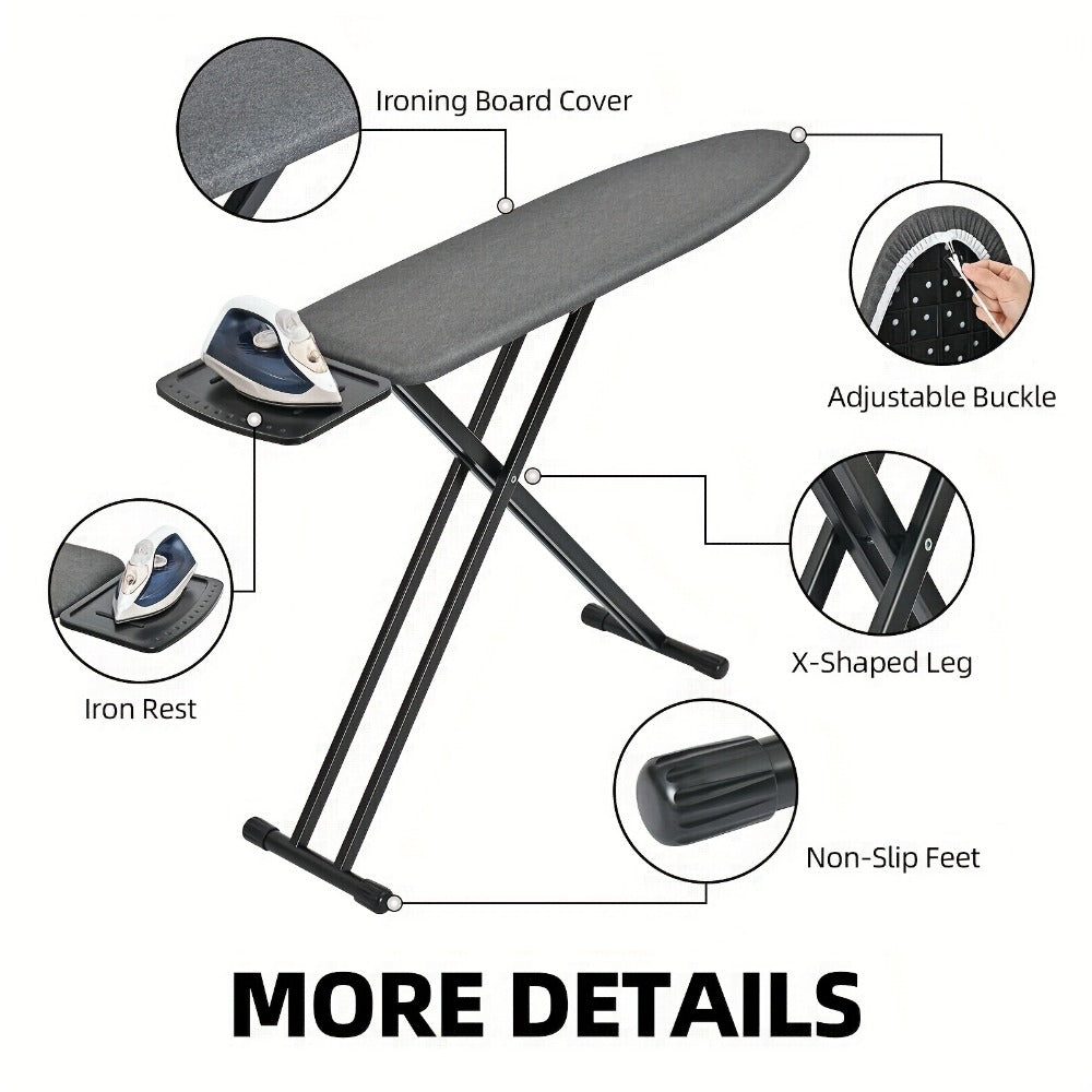Full Size Ironing Board 43x13 In with Iron Rest, Adjustable Height & Thick Heat-Resistant Padded Cover, Sturdy Anti-Skid Metal Legs, Lightweight Freestanding Iron Board for Home Laundry Room Bedroom