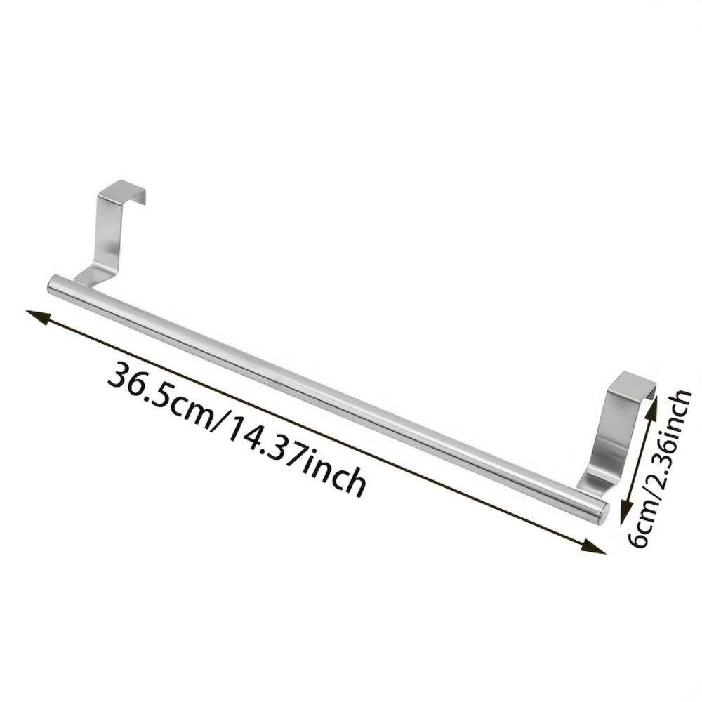 Cabinet Door Towel Bar Stainless Steel 2pcs Set - Over the Door Hand Towel Hanger Rack No Drilling | Black Silver | Kitchen Bathroom Cupboard Dishcloth Organizer Bathroom Accessories