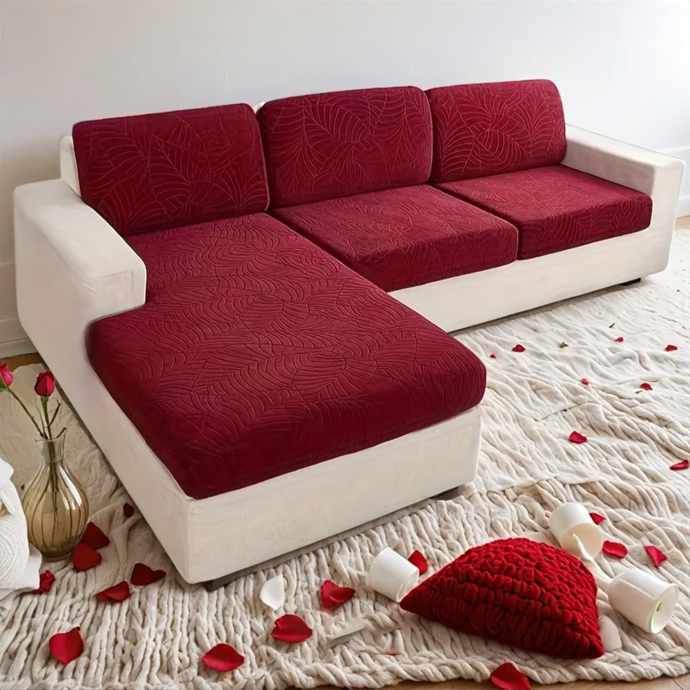 Jacquard Stretch Sofa Cover Set 6pcs Leaf Pattern High Elasticity Furniture Protective Cover with Elastic Band Easy Install Removable Washable Concubine Style Cushion Cover Home Decor Multiple Colors