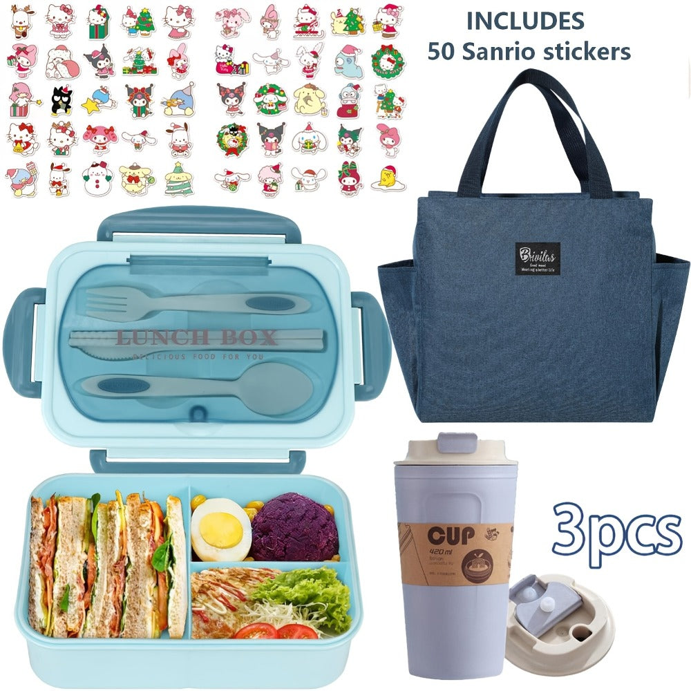 Sanrio Lunch Box Set 53pcs Bento Box with Thermal Bag Breakfast Cup Portable Sealed Compartment Microwave Dishwasher Safe for Work Picnic School