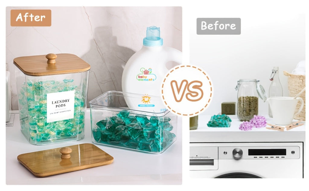 Laundry Pod Containers Set of 4 with Lids Scoops and Labels ¨C Laundry Room Organization Storage Canisters for Pods Detergent Dryer Balls Scent Beads Mixed Color
