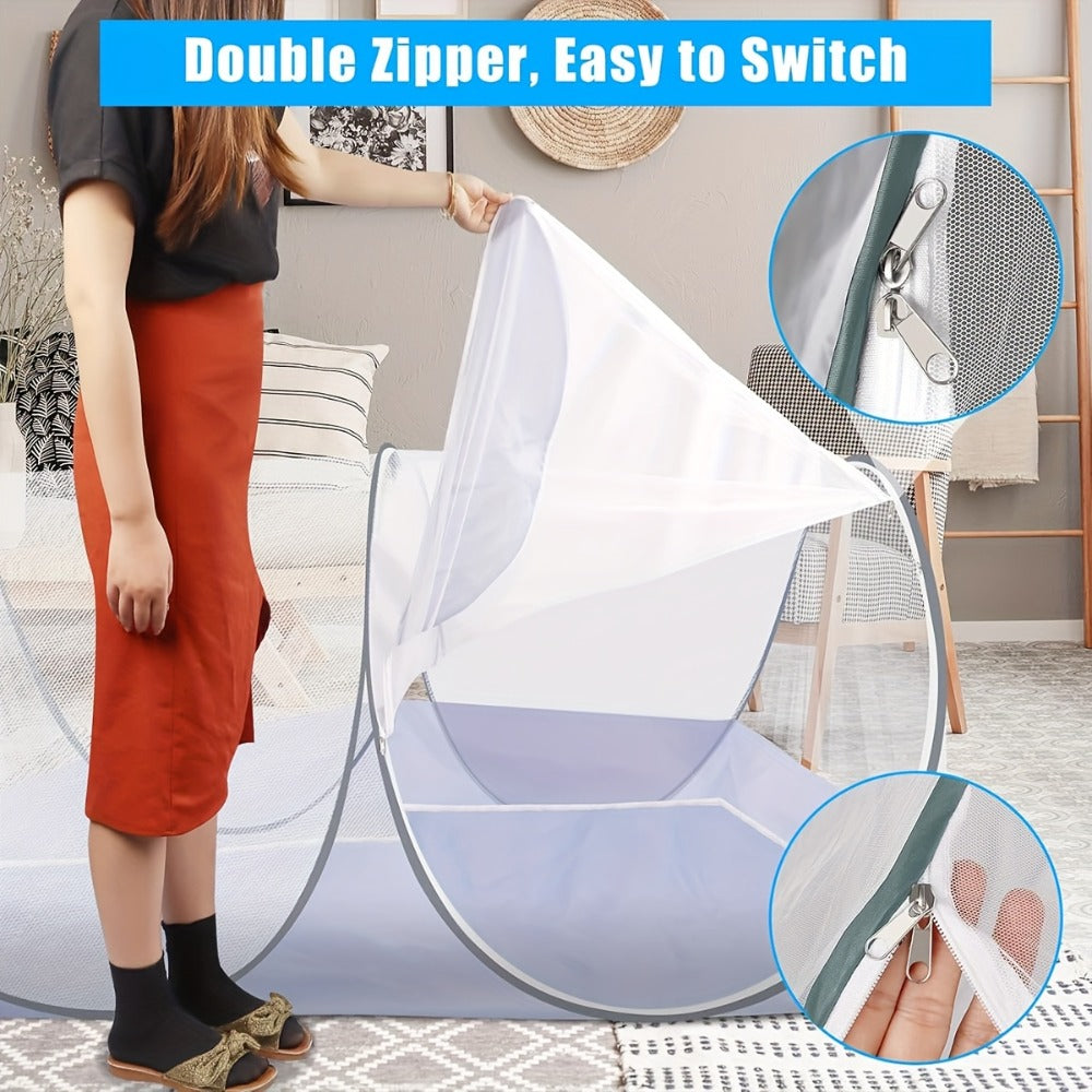 Foldable Mosquito Net for Bed Large Pop-Up Portable Mosquito Net for Camping Travel Patio Floor Bed No Setup Required Compact Machine Washable Polyester Seersucker White