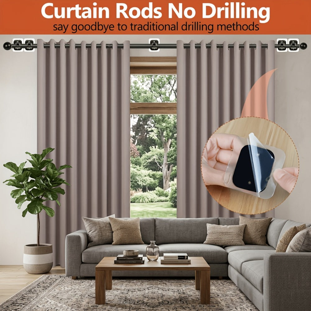 No-Drill Curtain Rod Set with Adhesive Brackets Renter Friendly 5/8 Inch Adjustable Window Drapery Pole for Bedroom Living Room Apartment Dorm Black Gold White 32-128 Inch
