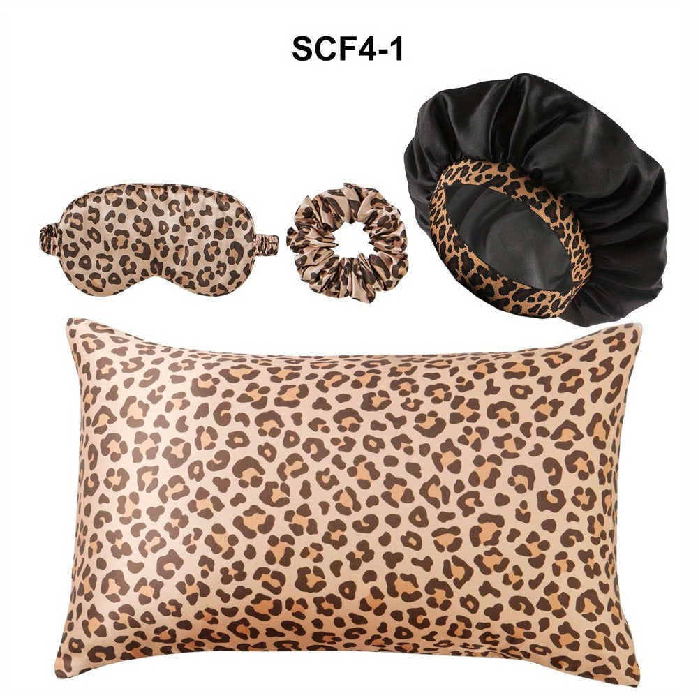 Leopard Print Pillow Covers Set of 4 with Sleep Mask and Headband Machine Washable Polyester Woven Fabric Travel Bedroom Decorative Pillowcase