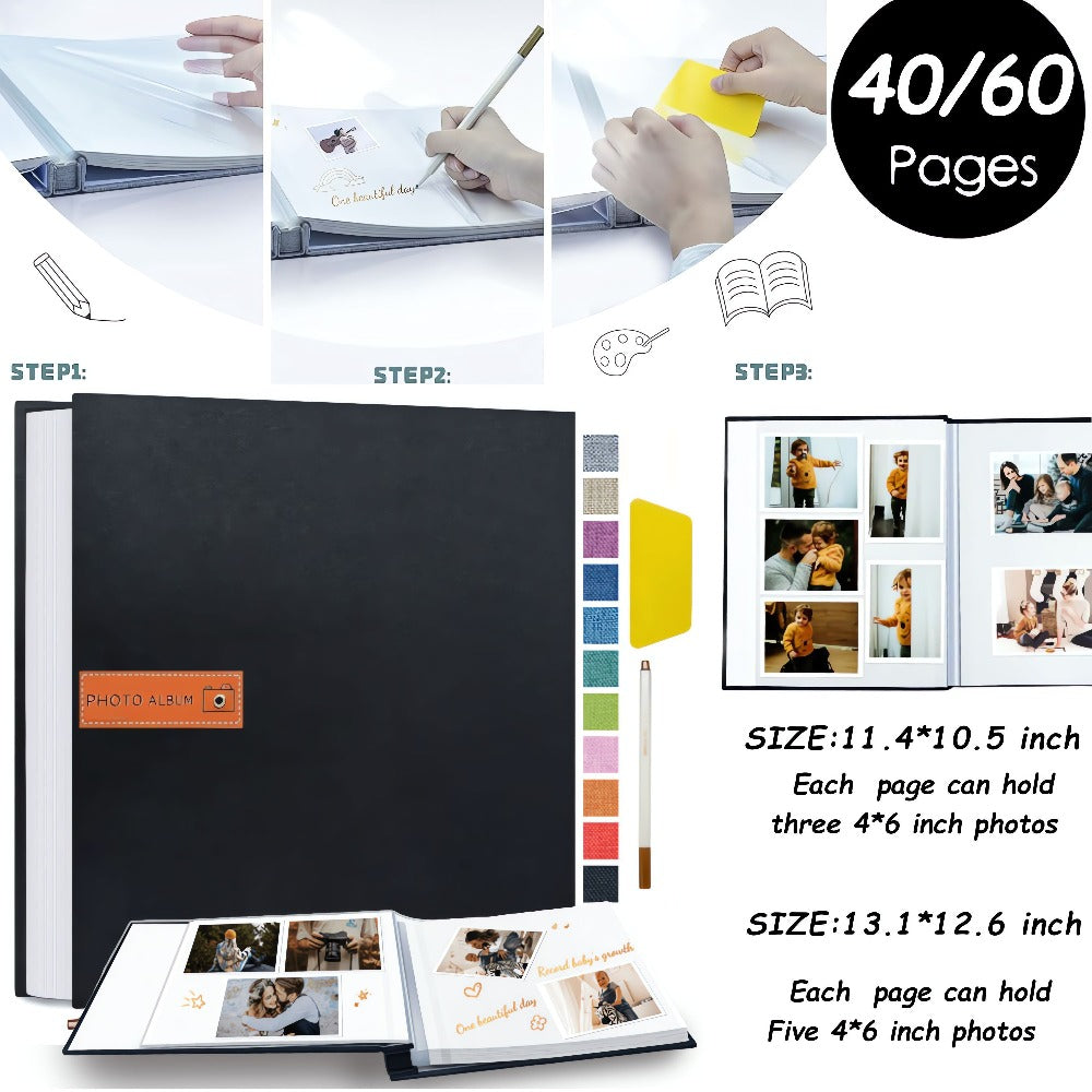 Self Adhesive Photo Album Scrapbook ¨C Large Linen Cover Memory Book for 4x6 5x7 8x10 Photos, DIY Picture Book with Metal Pen, Gift for Mom, Baby, Wedding, Valentine's Day & Mother's Day, 40 & 60 Pages