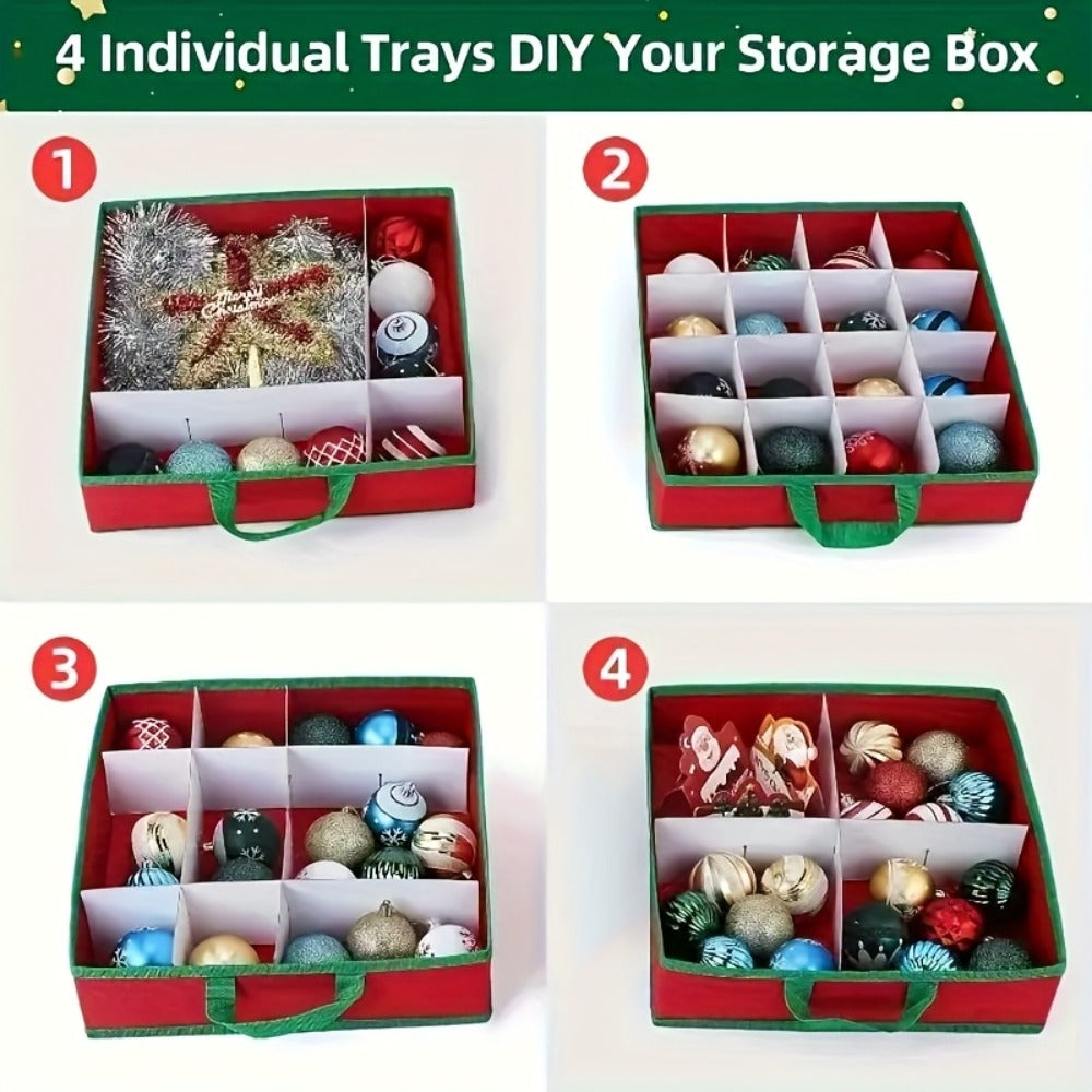 Christmas Ornament Storage Box ¨C Holds Up to 64 Holiday Ornaments, Adjustable Dividers, Covered Lid & Dual Handles, Clear Protective Container Keeps Decorations Safe, Clean & Dust-Free