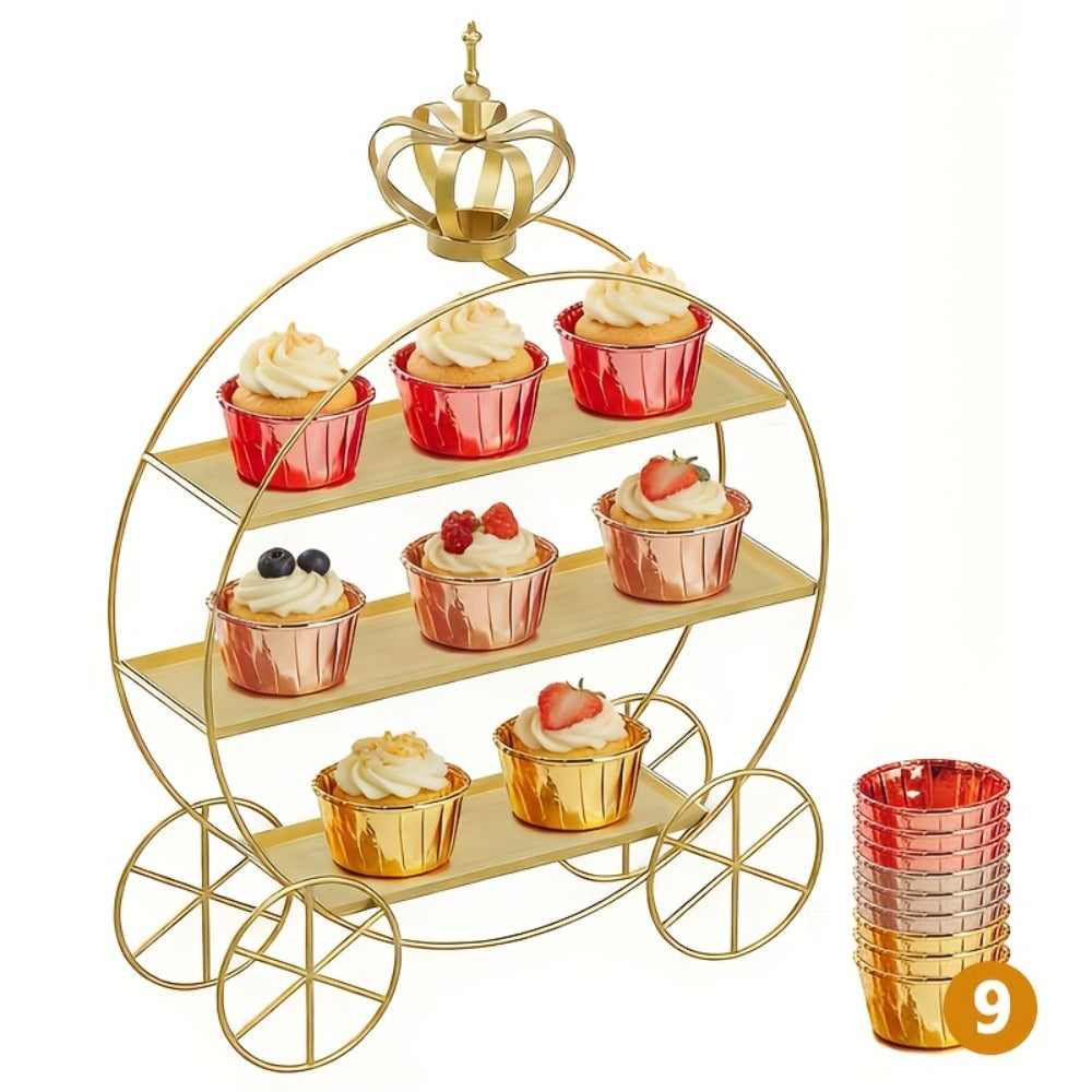 Cupcake Stand Gold Round Dessert Display Tower with Crown Handles | Tiered Biscuit Tray & Bottle Milk Storage Rack for Wedding Decoration Birthday Party Bridal Shower Afternoon Tea Table Centerpiece