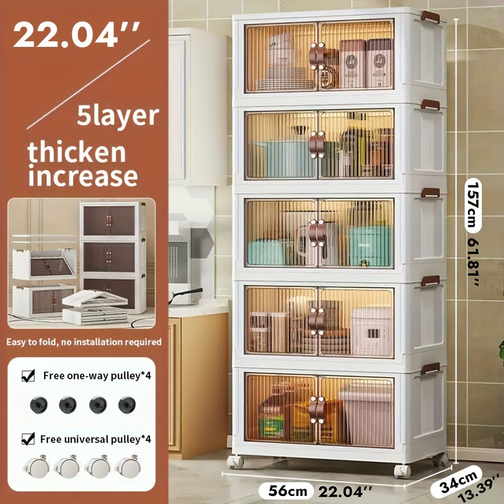Plastic Storage Box with Wheels and Door Foldable - Large Capacity Rolling Storage Container with Layers for Bedroom, Kitchen, Living Room, Closet Organizer, 56CM Wide