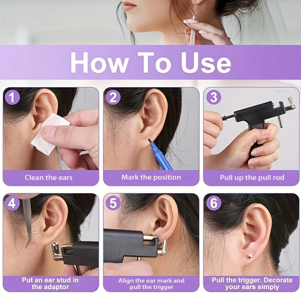 Ear Piercing Gun Kit 36pcs - 24 Stainless Steel Studs & 12 Crown-Shaped Earrings with Reusable Black Piercing Tool, Marking Pen & Stainless Steel Jewelry Set for Home Salon Use