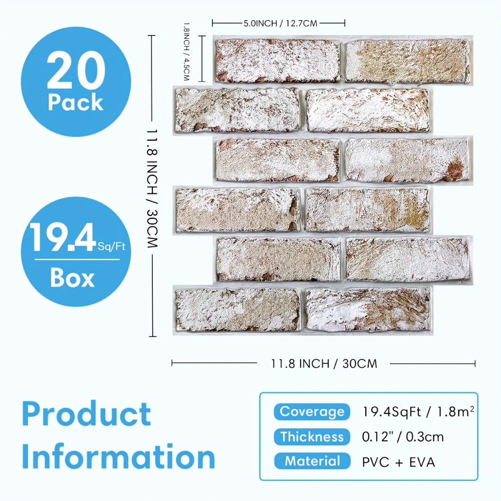 Peel and Stick Brick Wall Panels 3D Faux Brick Tiles 20 Sheets - Self-Adhesive PVC Realistic Texture, No Grout Needed, Waterproof & Heat Resistant for Kitchen Backsplash Fireplace Living Room Bedroom