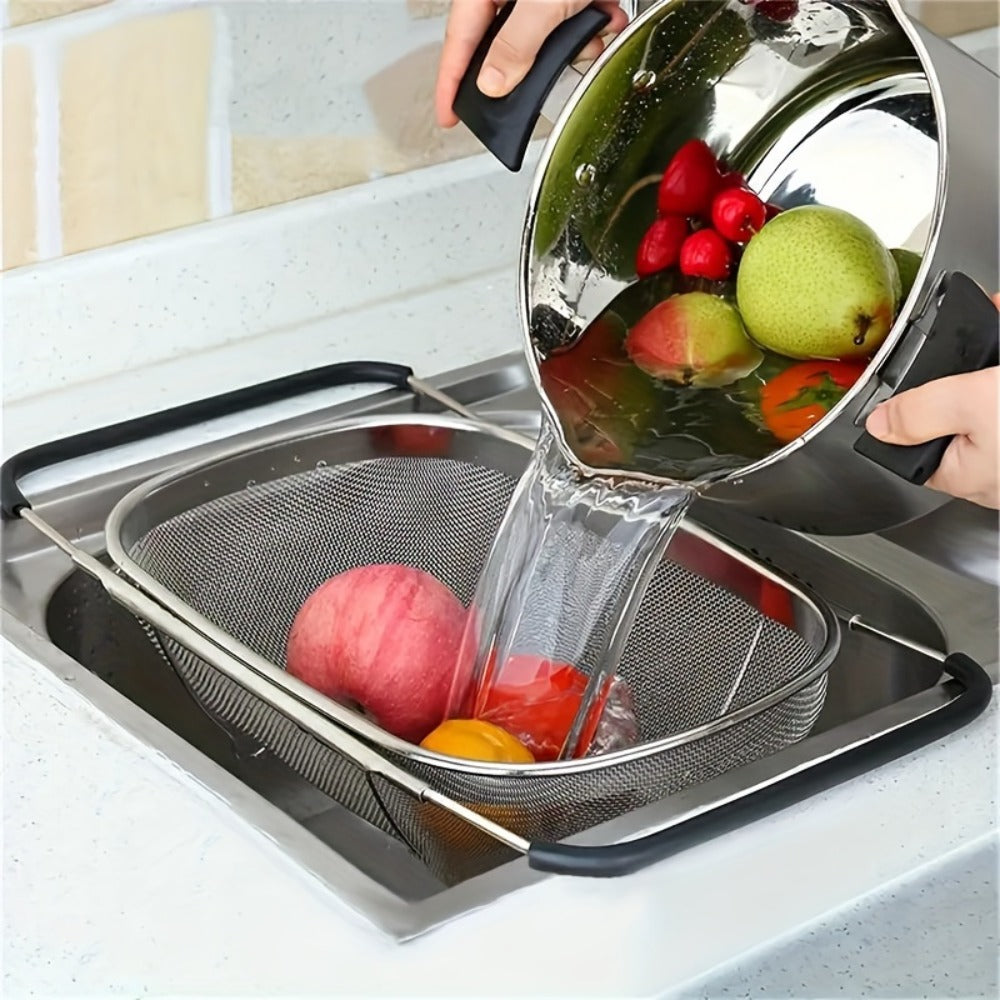 Stainless Steel Colander Expandable Fine Mesh Drain Basket Strainer for Vegetables Fruits Pasta Rice Kitchen Sink Washing Bowl Food Strainer