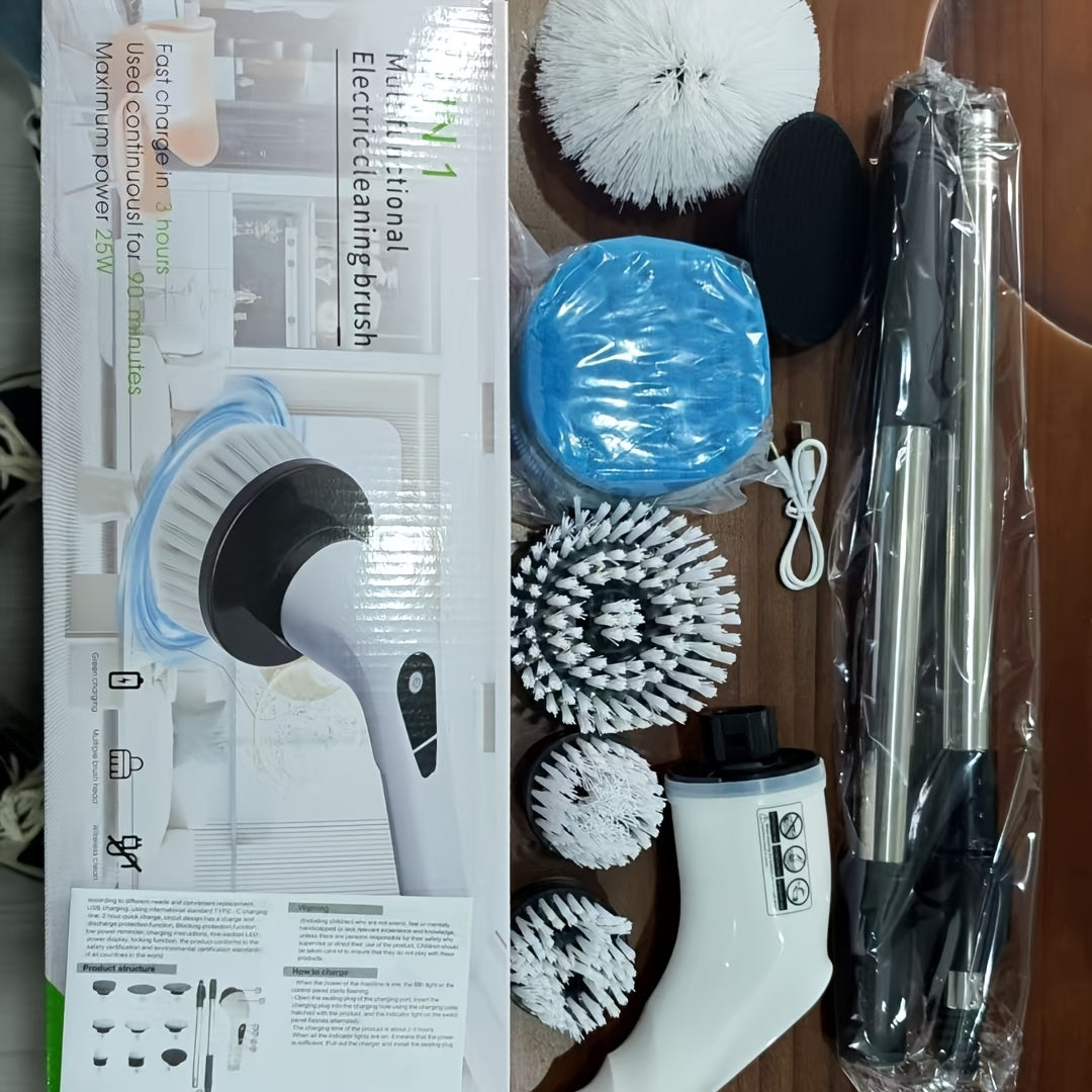 Electric Spin Scrubber with 9 Interchangeable Brush Heads 5 Speed Settings & 3 Extendable Handles - Power Scrubber for Bathroom Kitchen Tile Floor Carpet, Cordless Rotary Cleaning Brush Green White