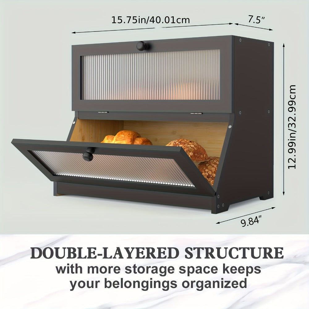 Bamboo Bread Box for Kitchen Counter ¨C Double Layer Large Capacity Bread Storage Container with Window, Farmhouse Bread Holder for Loaves, Pastries & Bagels, Countertop Organizer