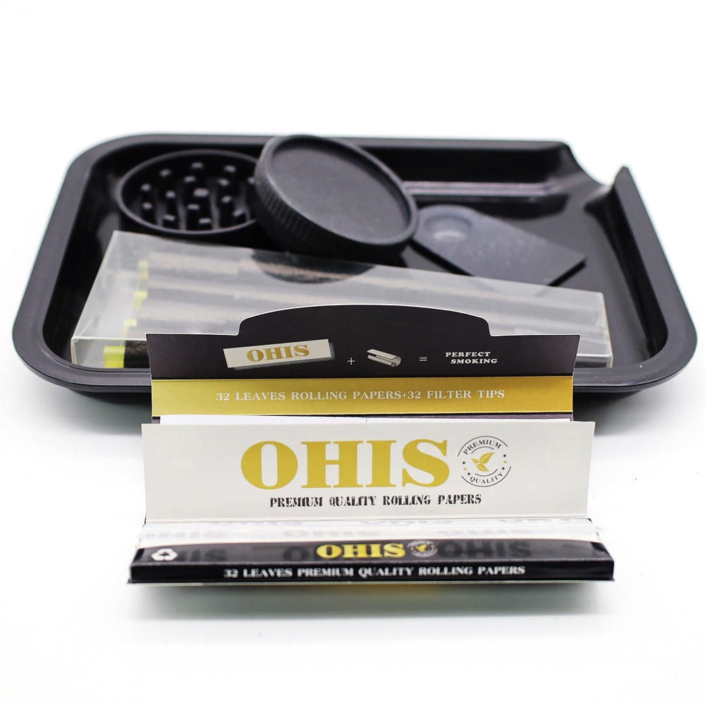 Smoking Set with Double-Layer Grinder, Rolling Paper, 8 Pre-Rolled Cones & Rolling Tray - Complete Starter Kit | 3 Colors | Gift Set