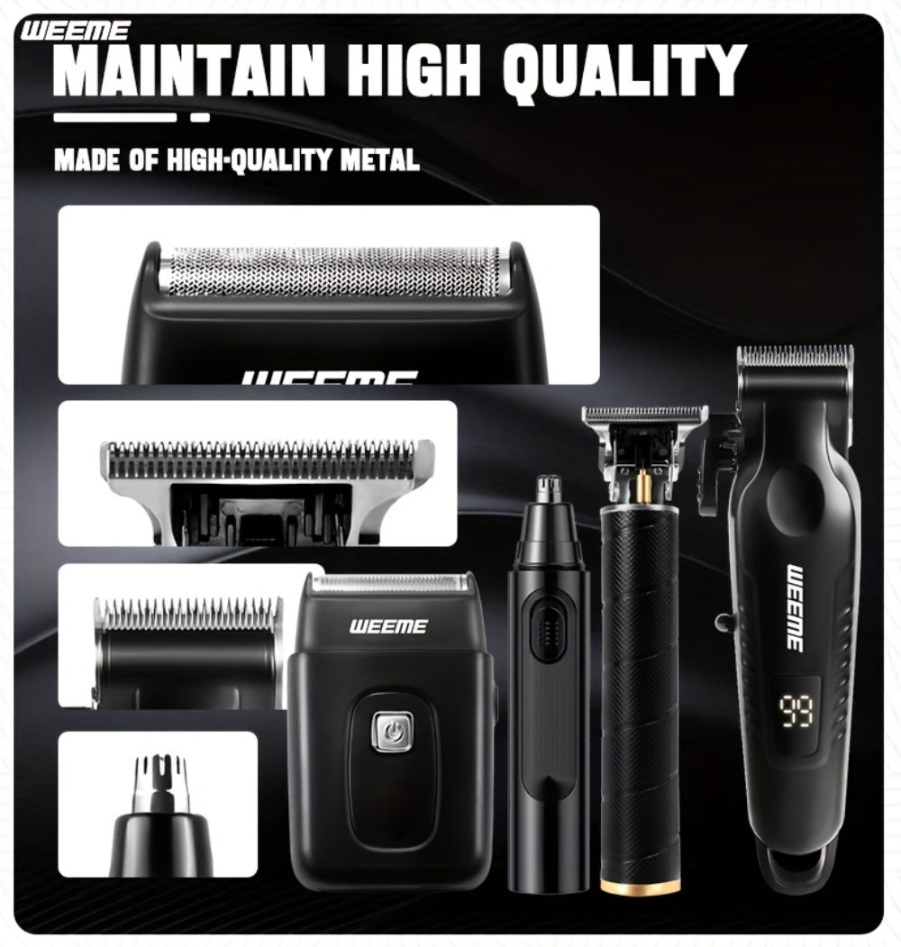 Men's Grooming Kit 4-Piece Set ¨C USB Rechargeable Hair Clipper, Nose Trimmer, Electric Shaver & T9 Detailer with 8 Guide Combs, Professional Cordless Beard Trimmer Set for Men