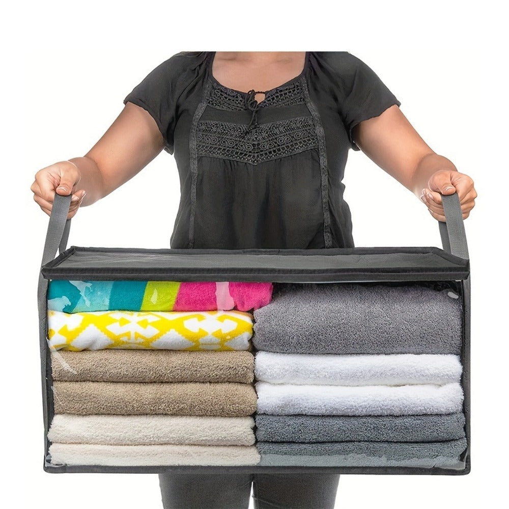 Foldable Storage Bags Set of 3 with Transparent Window & Handles ¨C Closet Organizer Bags for Clothes, Bedding, Pillows, Blankets, Stuffed Animals, Dorm Room, Under Bed Storage, Gray