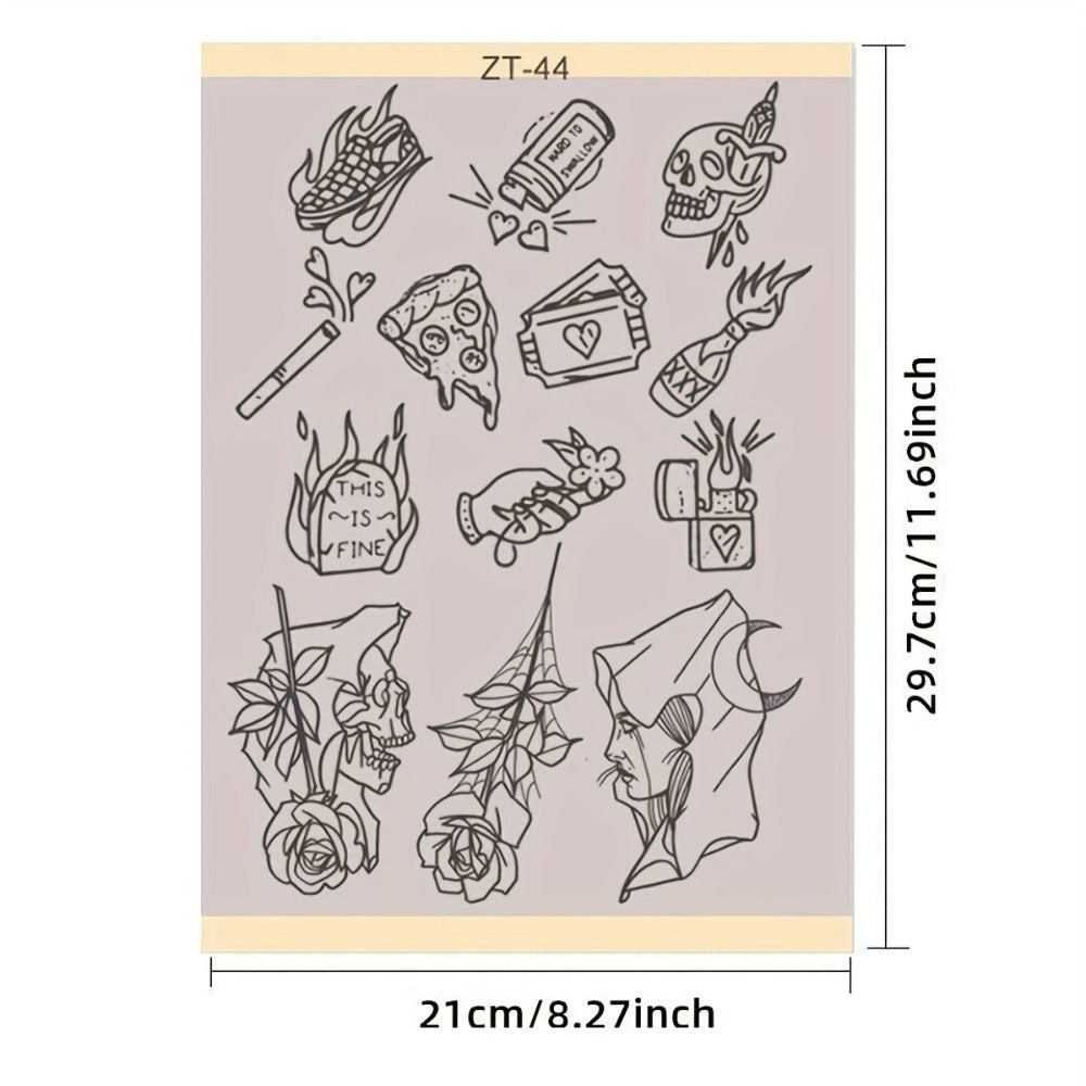 Tattoo Transfer Paper 3 Sheets ¨C Pre-Drawn Stencils with Floral, Paisley, Spiderweb, Snake & Pizza Designs ¨C A4 Size Body Art Stencil Kit for Beginners & Pros, No Electricity Needed