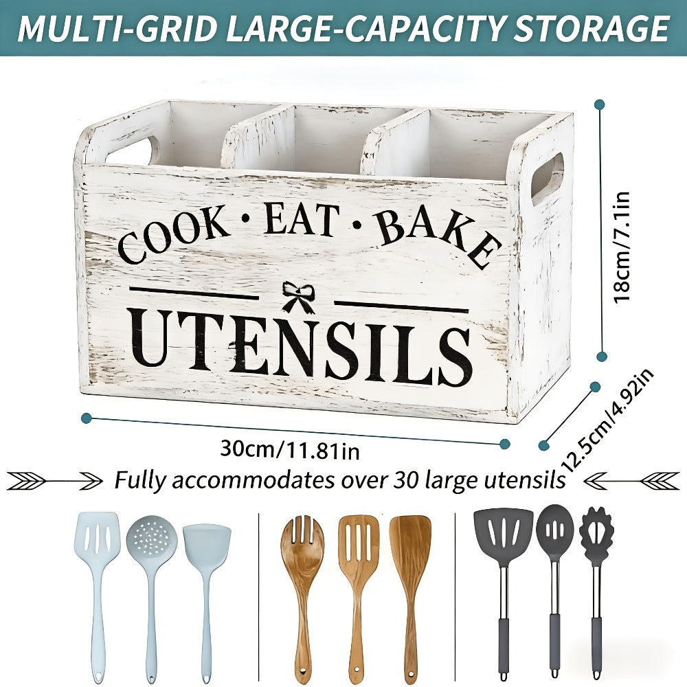 Kitchen Utensil Organizer - Extra Large Rustic Wooden Utensil Holder with 3 Compartments, Countertop & Wall Mounted Storage Rack for Cooking Baking Tools, Heavy Duty Natural Wood Kitchen Caddy