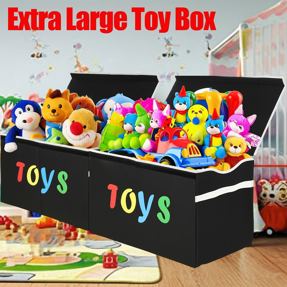 Collapsible Storage Box with Lid & Adjustable Dividers | Large Toy Chest Bin 54x16x14 Inch | Foldable Organizer for Playroom Bedroom Nursery | Boys Girls Toy Storage Box Black Dark Grey