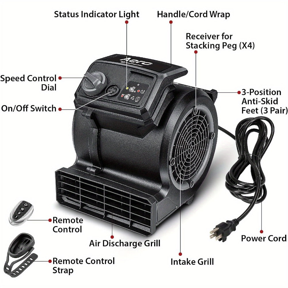 Air Mover Floor Dryer 550 CFM Portable Carpet Blower Fan for Water Damage Restoration Drying Cooling Floors Carpets Walls Remote Control and Manual Options