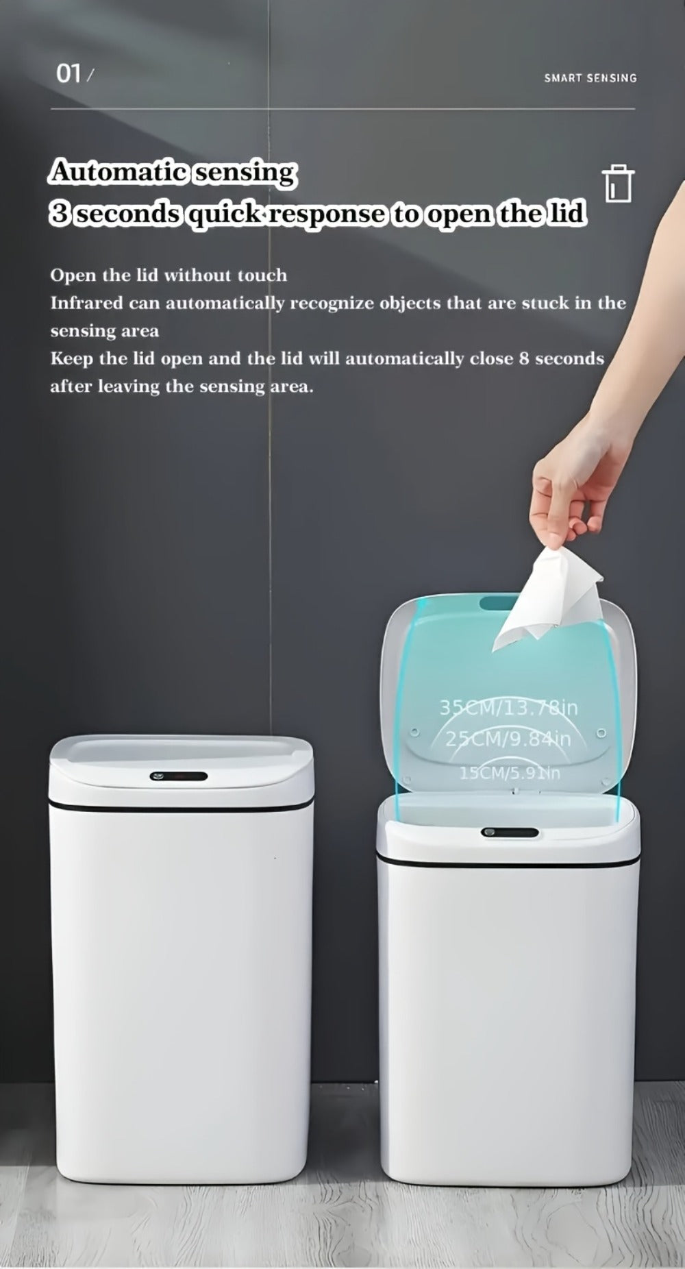 Motion-Activated Touchless Trash Can with Lid ¨C Smart Sensor Waste Bin for Kitchen, Bathroom, Office & Home, Minimalist Rectangular Design, Battery Powered, 3-4 Gallon