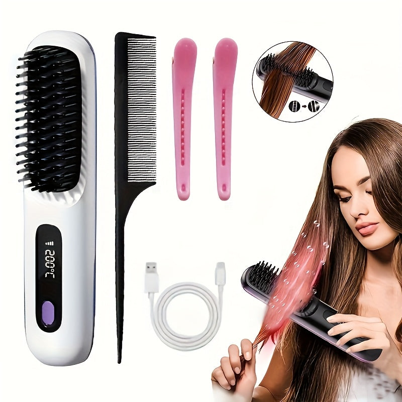 Portable Wireless Hair Straightener Comb USB Rechargeable 3-Speed Temp Control Negative Ion LED Display Lightweight for Travel