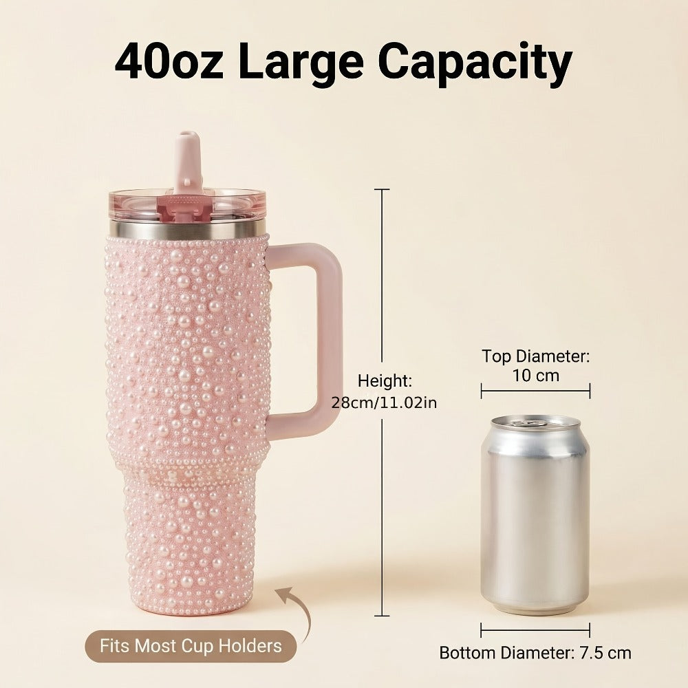 40oz Rhinestone Tumbler with Handle and Straw ¨C Stainless Steel Double Wall Insulated Cup | Pearl Glitter Travel Mug for Sublimation Outdoor Sports Camping Holiday Gift